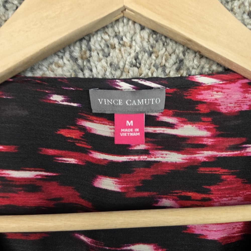 Vince Camuto Blouse M Pink Black Ikat Draped V Neck Long Sleeve Wrap Front Top - Picture 8 of 8